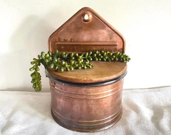 Vintage Portugal Copper Salt Box with Glass Liner and Wooden Lid, Farmhouse Kitchen