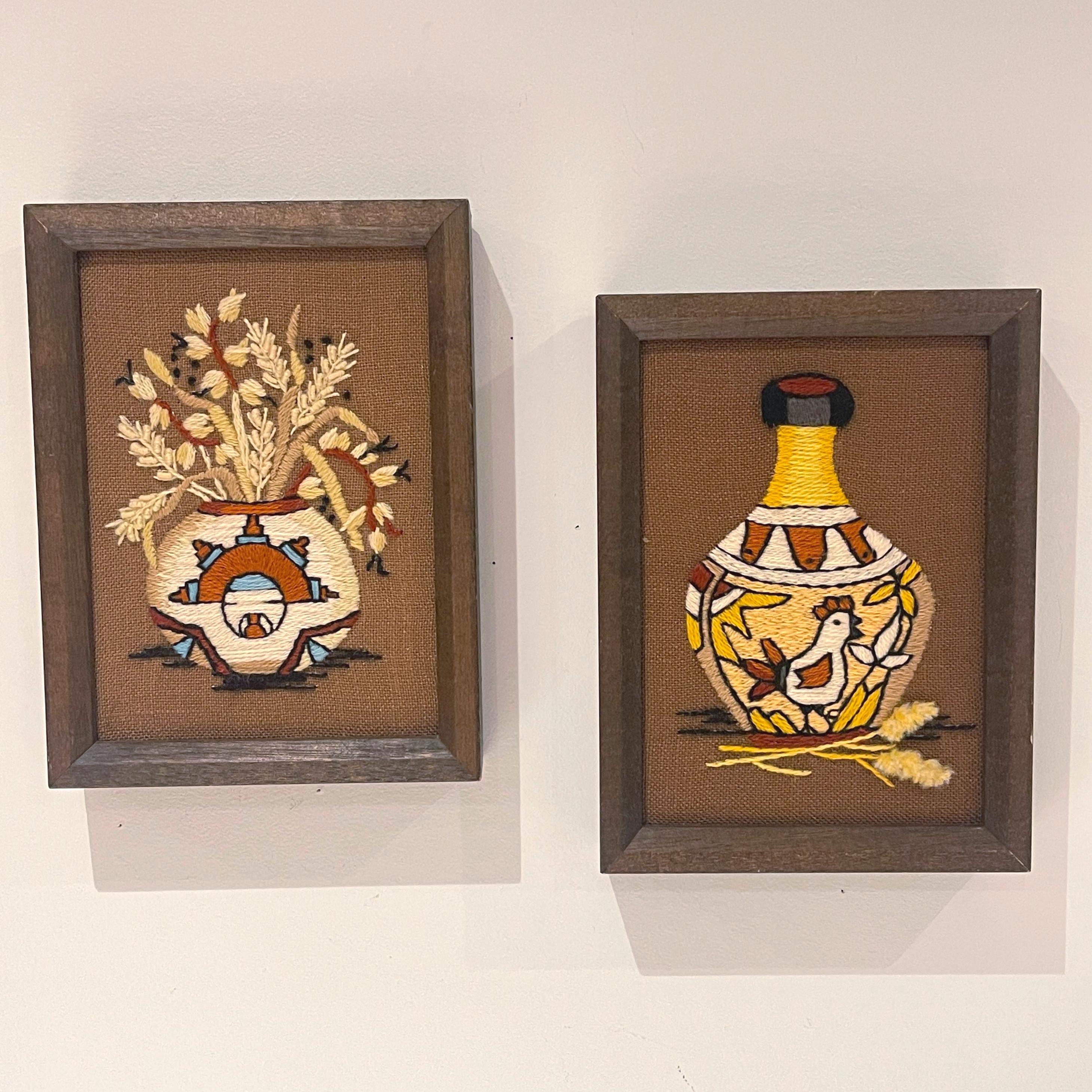 1970's Vintage Sunset Crewel Framed Art, Set of 2 Framed Southwestern Pottery Vases Needlepoint