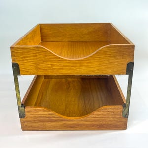 Vintage Wood and Brass Desk Tray, 2-Tiered Oak Stacking Paper Trays, Dovetailed Built Felt Lined Trays,  Office Decor, Office Organization