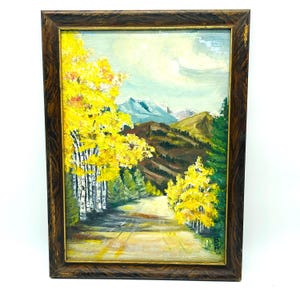 Glowing Aspens in the Mountains 1960&#39;s Oil on Board Painting, Original  Landscape Art signed possibly Evelyn Marie Stuart-Menteth Hutchinson