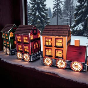 May include: A Christmas advent calendar in the shape of a train. The carriages are designed as houses with lit windows, displaying numbers. The train is red, orange, and green, with brown roofs and sits on a snowy surface.