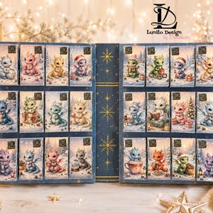 May include: A rectangular advent calendar featuring twenty-four numbered doors, each decorated with a unique illustration of a baby dragon in a winter setting. The dark blue central spine displays gold snowflake icons and the Lunito Design logo.