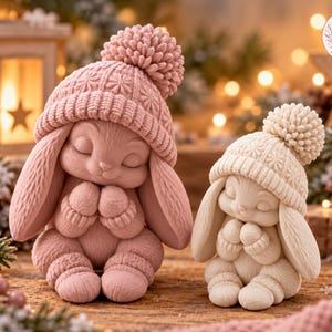 Pode incluir: Duas figuras de coelhos em posição sentada, cada uma usando um gorro de malha com pompom e polainas a condizer. O coelho maior é rosa seco e o mais pequeno é creme. Ambos têm os olhos fechados e as patas juntas perto do rosto.