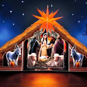 May include: A detailed nativity scene diorama with a star, donkeys, sheep, and figures of Mary, Joseph, and baby Jesus. The artwork is set against a starry night sky with a warm, inviting glow.