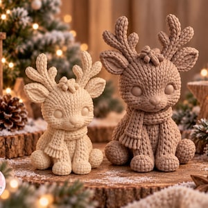 May include: Two sitting reindeer figurines with a textured knit-like surface. The smaller reindeer is cream-colored, and the larger one is light brown. Both figures feature prominent antlers, round eyes, and a scarf wrapped around their necks.
