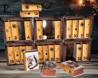 Adventskalender in gold, Bücher mit Regal, vintage drucken und basteln in DIN A4, alte Bücher drucken