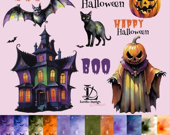 Digiset Halloween DigiStamps + Digipapier Clipart PNG, Digitale Stempel