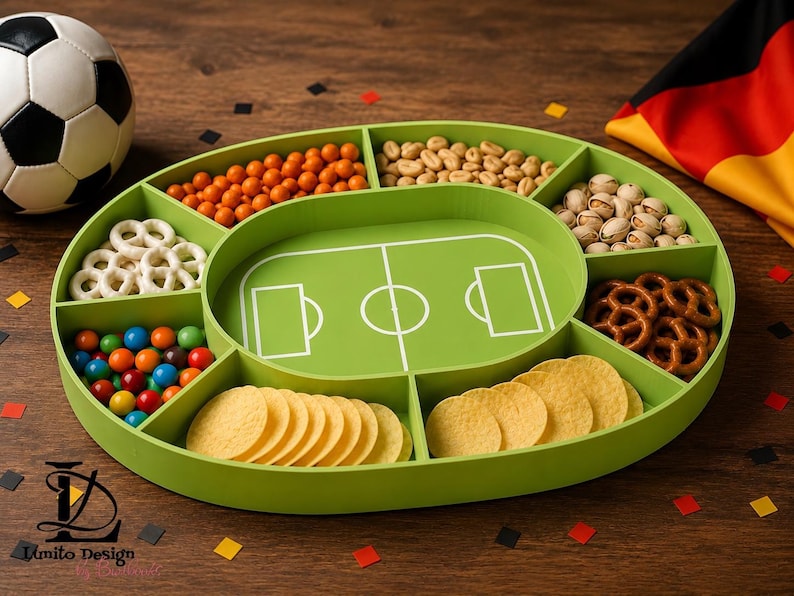 Snackplateau voor het WK voetbal (STL- en 3MF-bestand) | Snackplateau voor het stadion, geschikt voor 3D-printen | Voetbalfeestdecoratie | Tafeldecoratie afbeelding 1