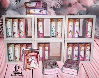 Adventskalender Einhörner Bücher mit Regal, vintage drucken und basteln in DIN A4, Bücher drucken