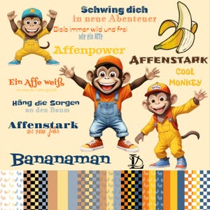 May include: A colorful illustration featuring three cartoon monkeys wearing overalls and baseball caps. The monkeys are surrounded by text that says "Schwing dich in neue Abenteuer", "Bleib immer wild und frei wie ein Affe", "Affenpower", "Ein Affe weiß wie man das Leben genießt", "Häng die Sorgen an den Baum", "Affenstark ins neue Jahr", "Bananaman", "AFFENSTARK", "COOL MONKEY".