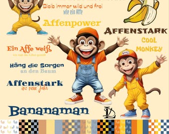 Bananaman Affen Digiset DigiStamps + Digipapier, Clipart PNG, Digitale Stempel * deutsche  Texte