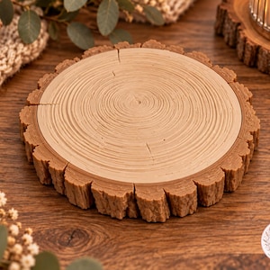 May include: A circular wooden coaster or display base featuring a light tan centre with visible concentric growth rings and a textured, dark brown bark-like edge. The surface is flat and smooth, mimicking the appearance of a natural tree slice.