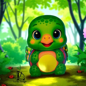 Könnte beinhalten: Eine lebendige Illustration einer Zeichentrickschildkröte mit grünem Panzer und gelbem Bauch. Die Schildkröte hat große, ausdrucksstarke Augen und ein fröhliches Lächeln. Der Hintergrund zeigt einen üppigen grünen Wald mit Blumen und Marienkäfern.