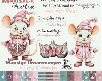 Mausezeit Digiset DigiStamps + Digipapier Weihnachten Winter, Clipart PNG, Digitale Stempel * deutsche  Texte