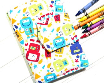 Robot, crayon wallet, Coloring book, Washable toy, Crayon case, Crayon roll up, crayon holder, Kids crafts, Crayon holder, robot wallet