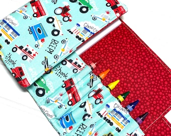 Firetruck crayon wallet, Coloring book, Washable toy, Crayon case, firetruck party favor, firetruck gift, Kids crafts, Crayon holder, wallet