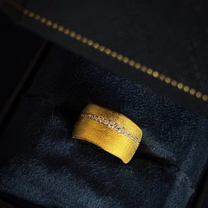 Gold Plated Silver Band Ring | Wide Textured Ring | Elegant Statement Ring | Sterling Silver CZ Ring | Brushed Gold Wide Band Ring | Gift