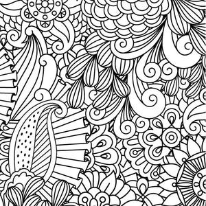 May include: Black and white intricate line art design featuring a variety of floral patterns. The design is made up of swirls, dots, and other abstract shapes.