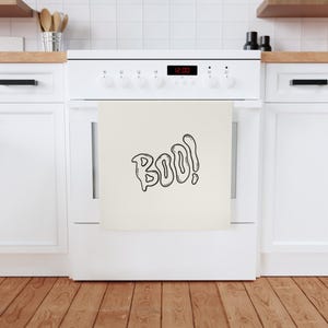 Personalized towel with Boo design. Halloween tea towel, custom Halloween style, spooky kitchen accent, fun boo dish towel gift.