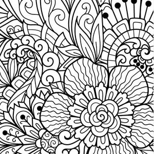 May include: Black and white intricate line art illustration of a floral design with a large flower in the center.