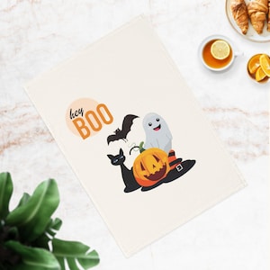 Personalized Halloween Tea Towel, Custom Cotton Ghost, Cat, and Pumpkin Design, Spooky Kitchen Decor, Autumn Hostess Gift