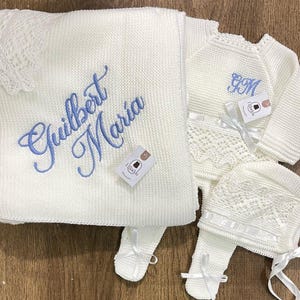 Personalized Custom - Set Knitted Clothes for Newborns, Spanish Set, Outfit for Coming Home, Christening, Baptism, and Shower Gift White set