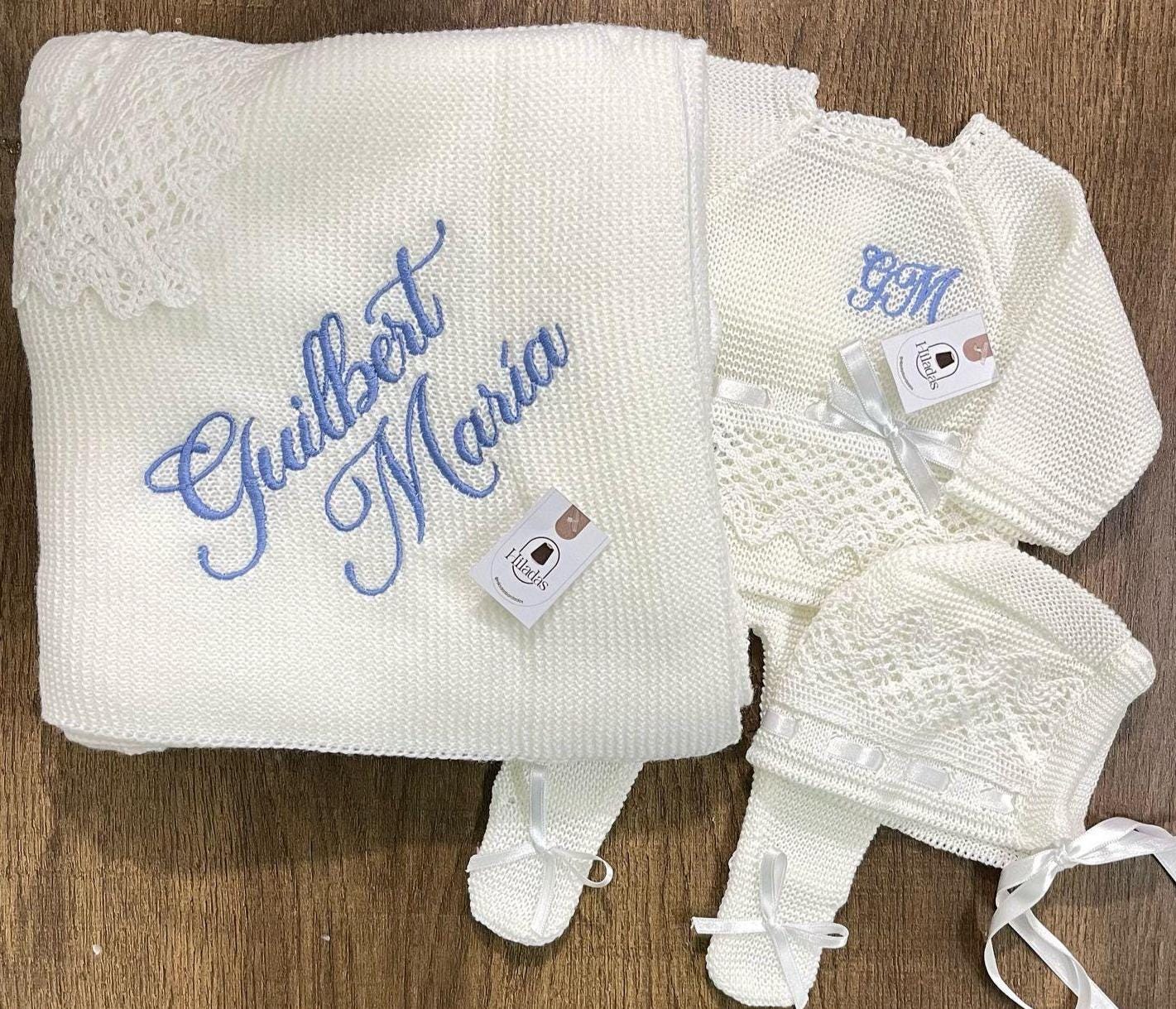 Personalized Custom - Set Knitted Clothes for Newborns, Spanish Set, Outfit for Coming Home, Christening, Baptism, and Shower Gift White set