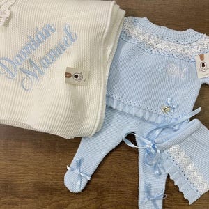 Personalized Custom - BLUE Knitted Clothes for Newborns, Boys Spanish Set, Outfit for Coming Home, Christening, Baptism, and Shower Gift