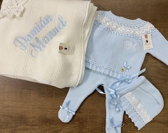 Personalized Custom - BLUE Knitted Clothes for Newborns, Boys Spanish Set, Outfit for Coming Home, Christening, Baptism, and Shower Gift