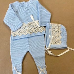 Personalized Custom - BLUE Knitted Clothes for Newborns, Boys Spanish Set, Outfit for Coming Home, Christening, Baptism, and Shower Gift