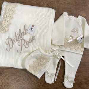 Personalized Custom -Beige Set Knitted Clothes for Newborns, Spanish Set,Outfit for Coming Home, Christening, Baptism,and Shower Gift Unisex