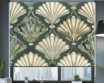 Art Deco Blackout Roller Blind, Blackout Roller Shade, Green and Gold Scallop Pattern, Luxury Window Shade, Elegant Room Darkening Curtain