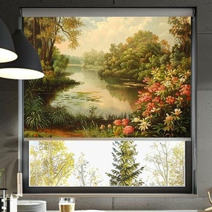 Nature-Inspired Blackout Roller Blind, Romantic River Landscape Window Shade, Custom Floral Curtain for Living Room, Floral Window Decor