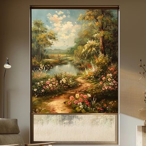 Romantic Cottage Garden Roller Blind, Floral Landscape Custom Window Shade, Vintage Nature-Inspired Curtain for Living Room or Bedroom