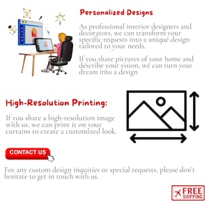 May include: A graphic design service offering personalized designs and high-resolution printing for curtains. The image shows a computer screen with a design in progress, a person working on the design, and a sample image of a mountain scene with a sun. The text "Personalized Designs" and "High-Resolution Printing" is included in the image.