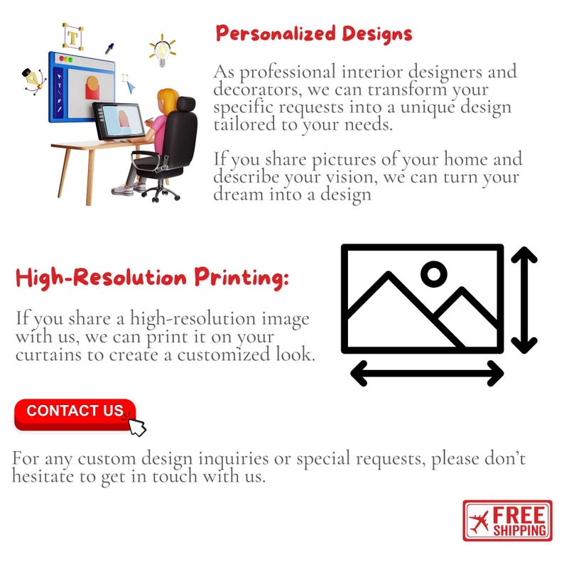 May include: A graphic design service offering personalized designs and high-resolution printing for curtains. The image shows a computer screen with a design in progress, a person working on the design, and a sample image of a mountain scene with a sun. The text "Personalized Designs" and "High-Resolution Printing" is included in the image.