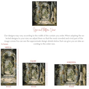 May include: A tapestry design featuring a garden scene with arches, columns, and statues. The design is shown in three different sizes: 40 inches by 87 inches, 50 inches by 50 inches, and 70 inches by 47 inches.