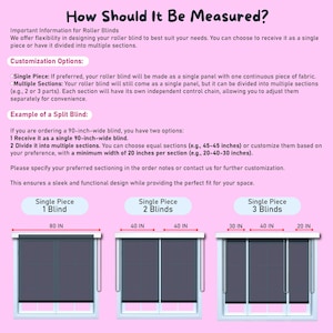 May include: Diagram showing how to measure for roller blinds.  The diagram shows three options: a single 80-inch blind, two 40-inch blinds, and three blinds, one 30-inch and two 20-inch blinds.
