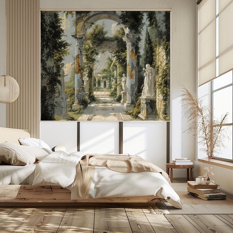 May include: A digital print of a painting depicting a classical garden with a stone archway, columns, and statues. The garden is overgrown with greenery and flowers. The sky is blue with white clouds.