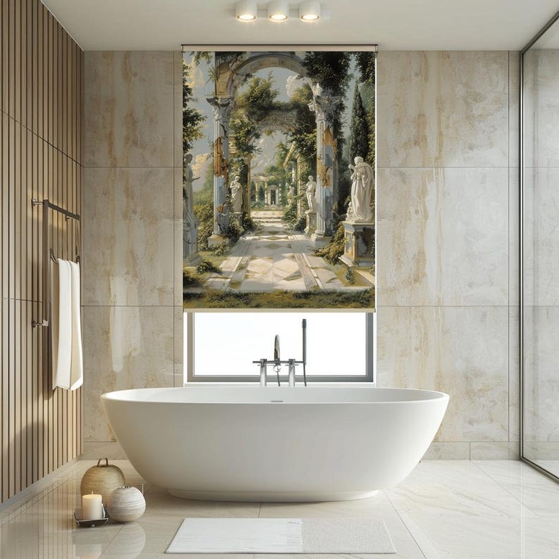 May include: A white bathtub with a window behind it. The window has a roman shade with a painting of a garden with columns and statues.