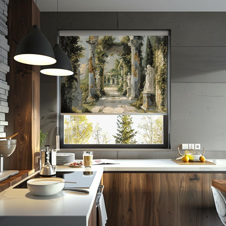 May include: A window blind with a printed design of a stone archway and columns with statues in a garden setting. The blind is partially raised, revealing a view of trees outside the window.