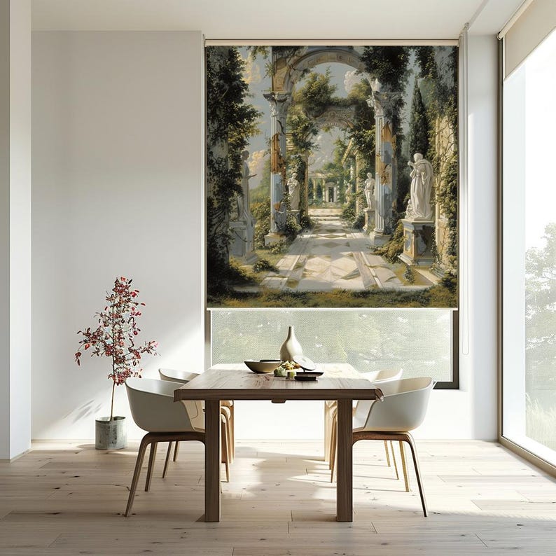 May include: A white dining room with a wooden table and chairs. The window behind the table has a roller shade with a printed image of a stone archway and a garden with statues.