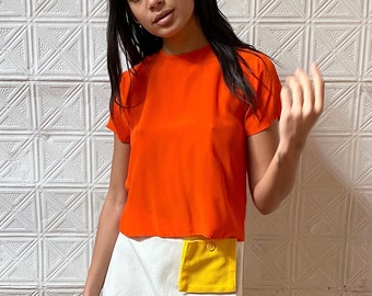 90s orange silk crop top / 1990s silk tee / short sleeve silk blouse