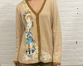 vintage Storybook Knits cardigan / sequin sweater with Gustav Klimt The Kiss