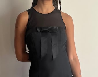 vintage cocktail party dress / little black dress with sheer and bow / body con bandage dress
