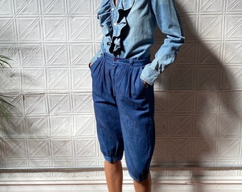 Vintage 80s Denim Culottes: High Waist Pleated Pedal Pushers