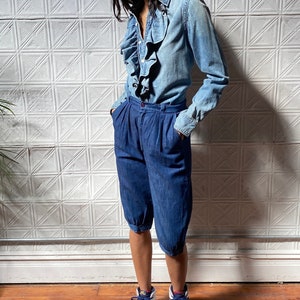 vintage denim culottes / 80s denim pedal pushers / high waist pleated denim shorts / blue pantaloons