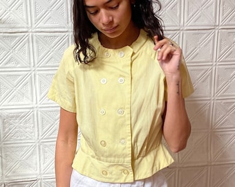 vintage 50s pale yellow seersucker top / butter yellow pinstripe shirt / 1950s womens rockabilly school girl style