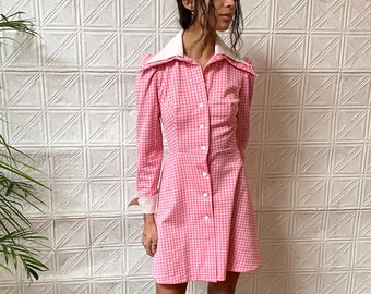 60s pink check mini dress / 1960s mod pastel pink gingham dress / puff sleeve mini dress / harajuku school girl