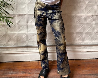 vintage gold splotch jeans / 90s Y2k boot cut pants / stretchy denim / high waisted metallic pants